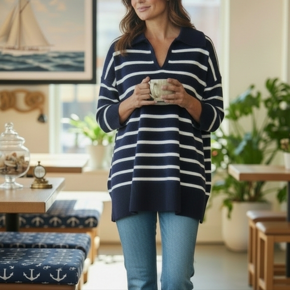 Diane Gilman Sweaters - DG2 Diane Gilman 3X Organic Cotton NWT Nautical Striped Collared Pullover Navy